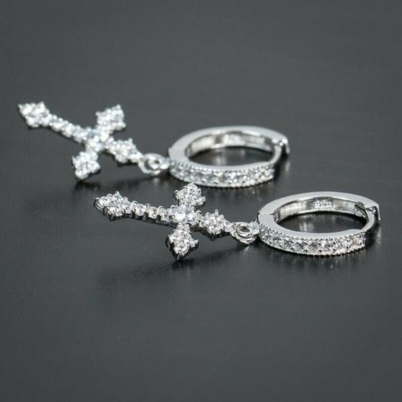 New Men's Sterling Silver Diamond Cross Earrings - Picture 2 of 4
